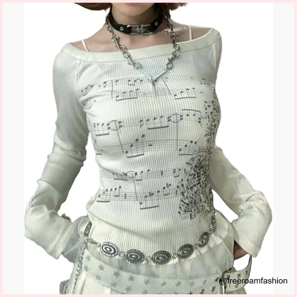 Off Shoulder Fitted Long Sleeve Y2K Grunge Graphic Tee Women's T-Shirt